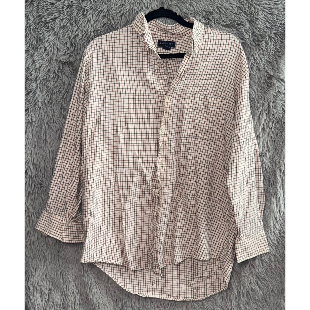 Lands End Mens Plaid Button Up Shirt 16-32 Traditional Fit Long Sleeve Cotton